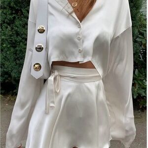 Satin raw hem tied two piece skirt set